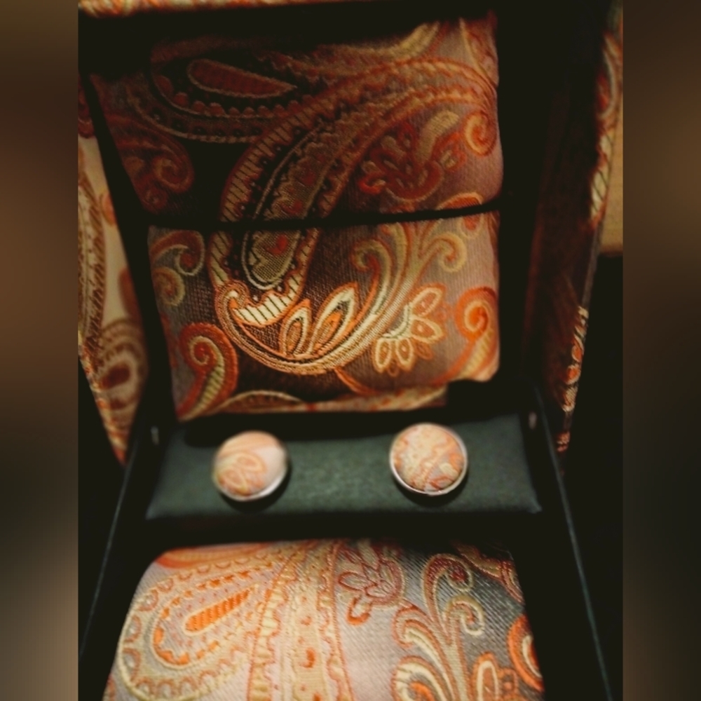 Men's Orange Pastel Tie, Hanky and Cufflink Set